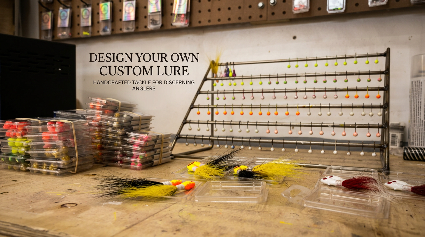Design your own custom lure banner with handcrafted tackle on a workbench
