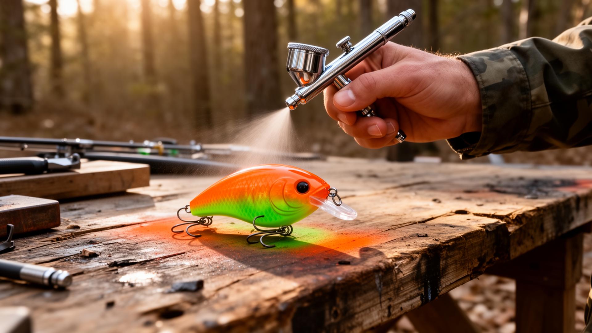 Hand spray-painting a custom crankbait on a wooden workbench
